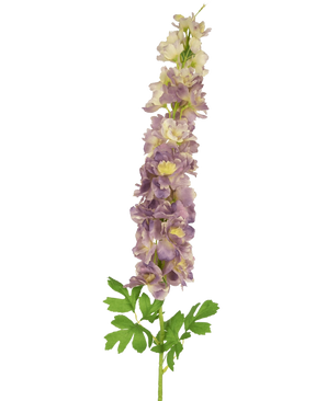 La Flor Artificial Delphinium 105 cm lila es un tallo artificial de flores de delfinio de color violeta claro y crema con hojas verdes, sobre un fondo blanco.