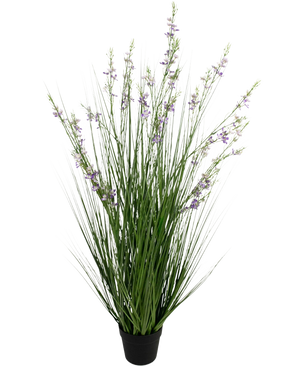 El Bonsái de Césped Artificial Mijo-Cebolla ignífugo de 120 cm tiene hojas altas, delgadas y verdes parecidas a la hierba y tallos largos con delicadas flores de color púrpura en una maceta negra, sobre un fondo blanco.