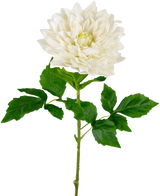 Un Kunst Georgine Real Touch blanco de 70 cm presenta una única dalia blanca realista con pétalos en capas y hojas verdes dentadas en un tallo largo, sobre un fondo blanco liso.