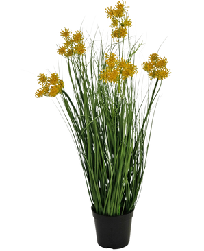 Un bonsái de hierba de cebolla con flor de raíz artificial, de 60 cm de altura y retardante de fuego, con finas hojas verdes y racimos de flores amarillas en tallos largos, sobre un fondo blanco liso.