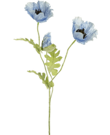 Ilustración en acuarela de Flor de amapola artificial de 73 cm en color azul con dos flores de amapola de color azul y un capullo con tallos y hojas verdes sobre fondo blanco.