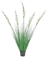 La Planta de Césped Artificial Trigo ignífugo de 120 cm en maceta tiene hojas altas y erguidas y tallos florales, lo que la hace ideal para un interior verde. Esta planta que no requiere mantenimiento agrega un elegante verdor sobre un fondo blanco.