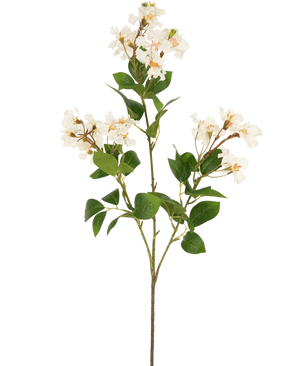 La Flor Artificial Lagerstroemia 92 cm blanca tiene un tallo alto con racimos de pequeñas flores blancas y hojas verdes, perfectas para añadir belleza duradera a cualquier espacio. Ideal como planta artificial llamativa sobre un fondo blanco liso.