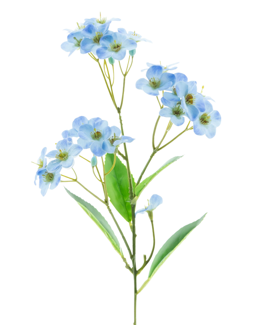 Una orquídea artificial Real Touch Blue de 50 cm con racimos de delicadas flores de color azul claro y algunas hojas verdes se alza sobre un fondo blanco liso.