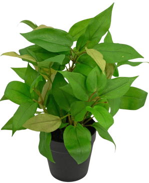 La planta artificial "House Wanderer" en maceta de 25 cm tiene hojas verdes vibrantes en una sencilla maceta negra, sobre un fondo blanco liso.