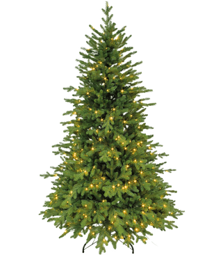 El árbol de Navidad artificial "Vinje" 100% PE - Smart LED es un árbol de Navidad artificial verde con agujas de PE y pequeñas luces de color blanco cálido sobre un soporte de metal negro, que ofrece un aspecto real sobre un fondo blanco liso.