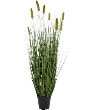 La maceta de césped artificial Matsutake de hierba de cebolla ignífuga de 90 cm tiene una maceta negra con hojas largas y delgadas que parecen hierba verde y espigas de flores cilíndricas esponjosas de color amarillento, sobre un fondo blanco liso.