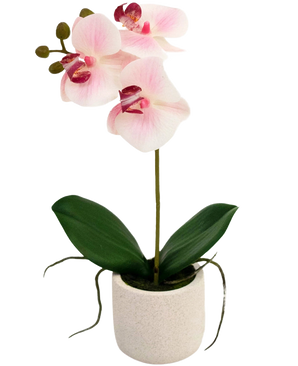 La Orquídea Artificial Real Touch 30 cm rosa/blanco tiene tres flores de color rosa claro y hojas verdes en una sencilla maceta blanca, perfecta para iluminar cualquier habitación.