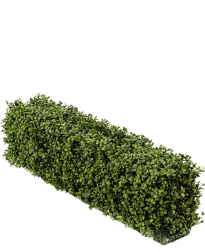 Un seto rectangular de boj artificial UV de 100x20x25 cm tiene densas hojas de boj artificial de color verde sobre un fondo blanco liso.