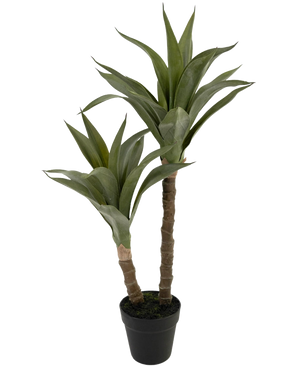 La Planta Artificial Agave 76 cm tiene dos tallos largos y gruesos con hojas puntiagudas de color verde que recuerdan a un agave, presentada en una maceta de plástico de color negro sobre un fondo liso blanco.