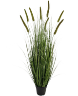La maceta de hierba de cebolla de cola de gato artificial retardante de fuego de 120 cm es una hierba ornamental en una maceta con hojas verdes largas y delgadas y múltiples cabezas de semillas altas y verticales, sobre un fondo blanco liso.