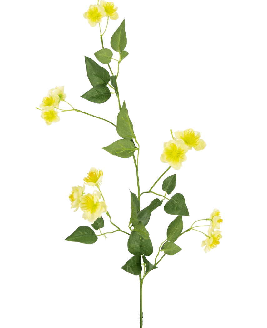 La flor artificial Ranúnculo de 77 cm es un único tallo verde con múltiples ramas, pequeñas flores amarillas y hojas verdes, ideal para componer su ramo, que se muestra sobre un fondo blanco liso.