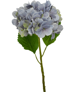 Un único tallo lila de Hortensia Artificial Deluxe de 57 cm con pétalos de color violeta claro y dos grandes hojas verdes, aislado sobre un fondo blanco.