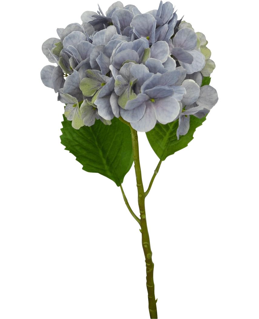 Un único tallo lila de Hortensia Artificial Deluxe de 57 cm con pétalos de color violeta claro y dos grandes hojas verdes, aislado sobre un fondo blanco.