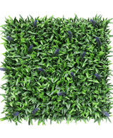 De Kunsthaag Lavendel 50x50 cm UV is een vierkant kunstgroen bladerpaneel met kleine trosjes paarse lavendelbloemen, van bovenaf afgebeeld op een witte achtergrond.