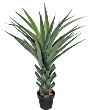 La Planta Artificial Agave Pandora UV 120 cm tiene hojas verdes largas y puntiagudas que se extienden desde un tallo grueso y estratificado, sobre un fondo blanco liso.