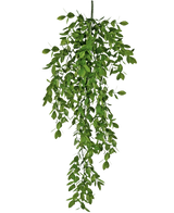La planta colgante artificial Jasmin 70 cm tiene densos racimos de pequeñas hojas verdes que caen de forma natural y crean un efecto exuberante y drapeado sobre un fondo blanco.