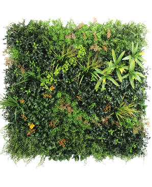 El seto artificial Marisa 100x100 cm UV es una pared verde exuberante y cuadrada con plantas de follaje mixto, helechos, detalles en amarillo verdoso y hojas parduscas dispersas sobre un fondo blanco liso.