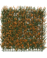 El seto artificial Buxus naranja 50x50 cm UV es un panel artificial cuadrado con follaje verde y naranja sobre una rejilla de plástico, ideal como seto decorativo o pantalla de privacidad, que se muestra aquí sobre un fondo blanco liso.