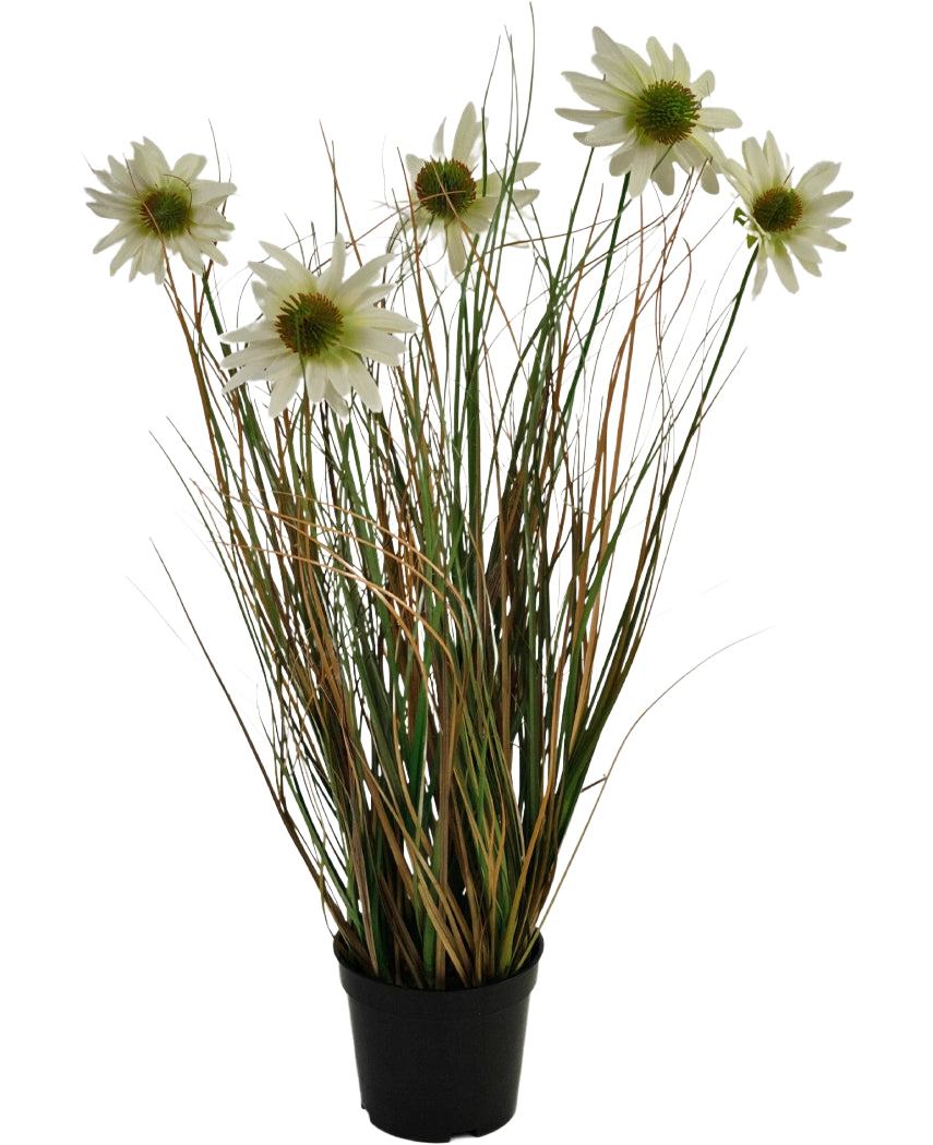 El Césped Artificial Crisantemo Cebolla Maceta 60cm retardante de fuego tiene hojas largas y delgadas de color verde y marrón con varios tallos altos rematados con flores blancas parecidas a margaritas con un corazón amarillo.