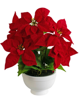 La Planta Artificial Poinsettia 44 cm roja es una maceta blanca con una planta de poinsettia con hojas de color rojo vibrante en forma de estrella y follaje verde sobre un fondo blanco liso.
