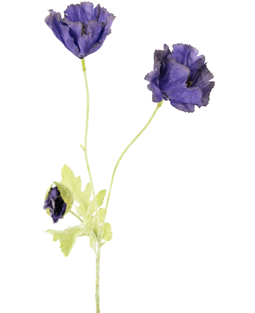 La flor artificial de amapola de 73 cm tiene tres delicadas flores de color violeta, dos abiertas y una parcialmente cerrada, con tallos y hojas de color verde claro, sobre un fondo blanco liso.