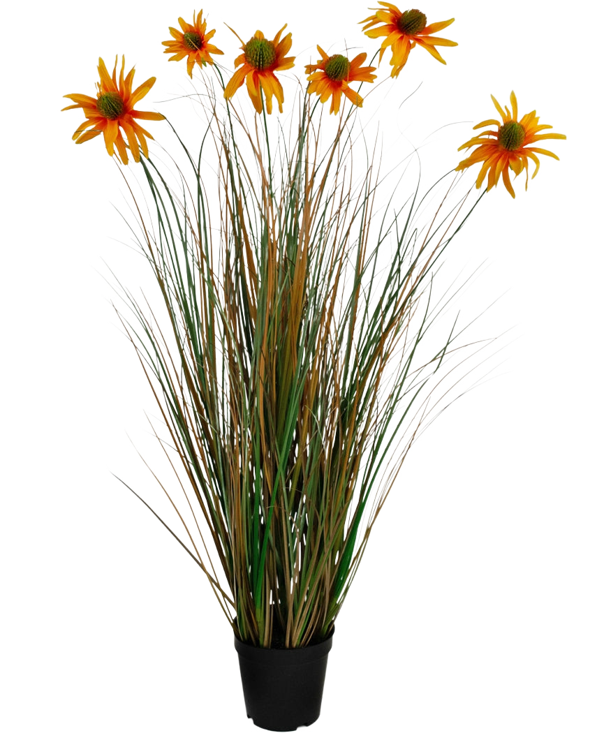 La maceta de césped artificial con crisantemo y cebolla de 90 cm retardante de fuego tiene hojas altas, verdes y marrones, parecidas a la hierba, con siete flores de margaritas artificiales de color naranja en una maceta negra, sobre un fondo blanco.