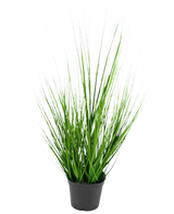 La Planta de Césped Artificial Cebolla ignífuga de 48 cm es una pequeña maceta de plástico negro con hojas largas, finas y de un verde vibrante que parecen hierba sobre un fondo blanco liso.