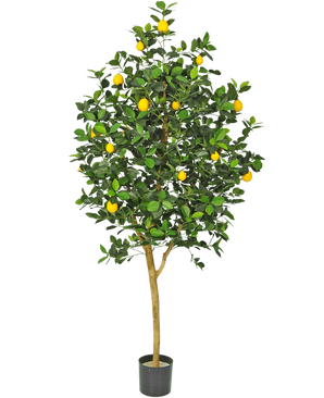 El limonero artificial de 150 cm tiene un tronco marrón, hojas verdes y varios limones amarillos en una maceta sobre un fondo blanco liso.