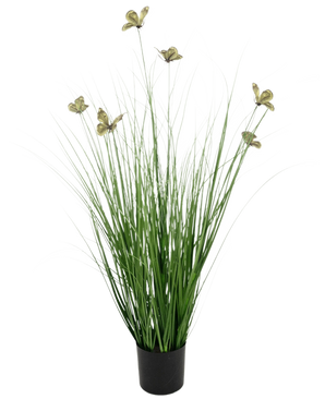 La Maceta de Hierba Cebolla Mariposa de Césped Artificial 90cm Retardante de Fuego tiene hojas largas y finas de césped artificial de color verde y flores amarillentas en tallos largos, presentadas en una maceta sobre un fondo blanco liso.