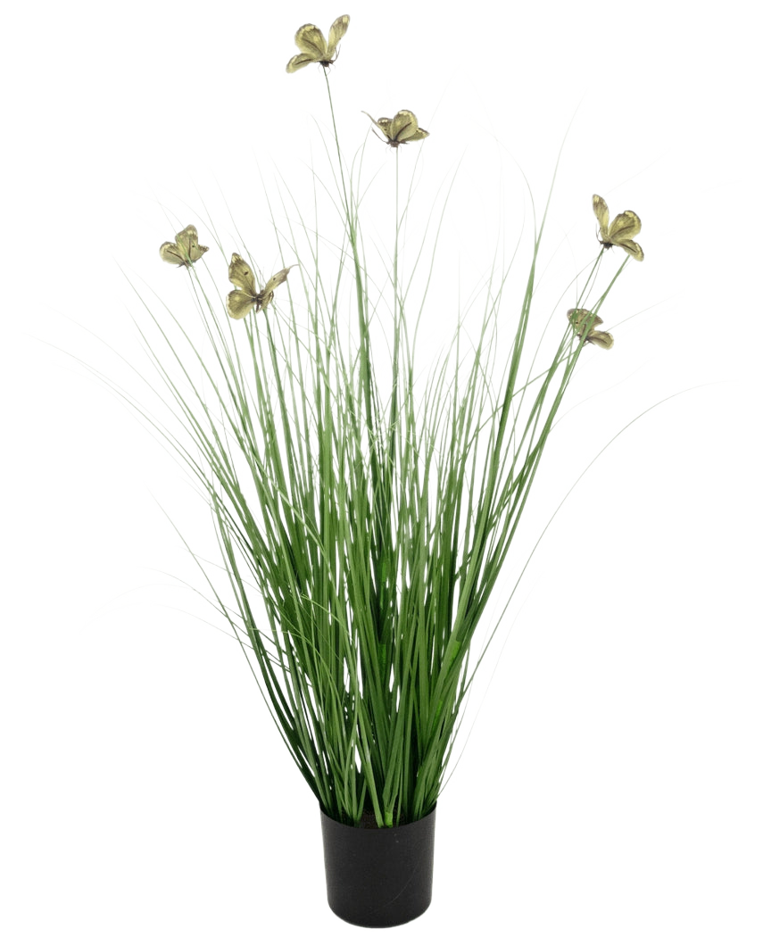 La Maceta de Hierba Cebolla Mariposa de Césped Artificial 90cm Retardante de Fuego tiene hojas largas y finas de césped artificial de color verde y flores amarillentas en tallos largos, presentadas en una maceta sobre un fondo blanco liso.