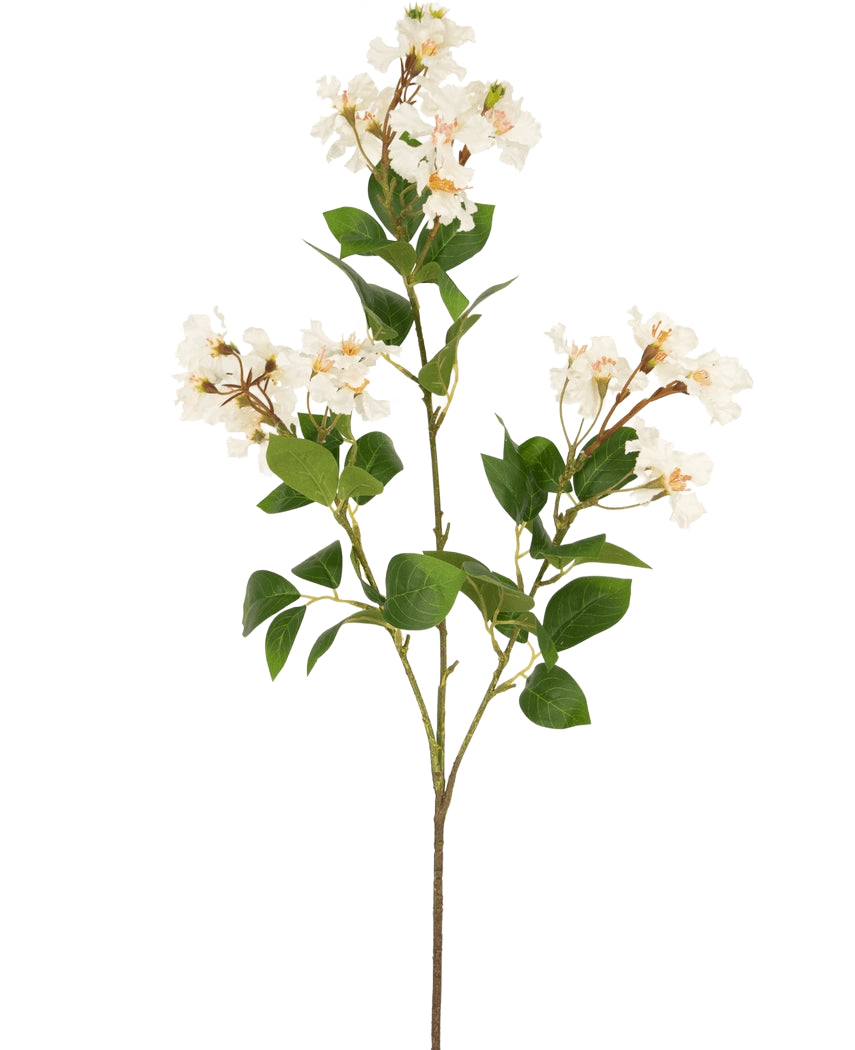 La Flor Artificial Lagerstroemia 92 cm blanca tiene un tallo alto con racimos de pequeñas flores blancas y hojas verdes, perfectas para añadir belleza duradera a cualquier espacio. Ideal como planta artificial llamativa sobre un fondo blanco liso.