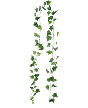 Dos largas hebras de hiedra artificial verde/blanca de 180 cm cuelgan verticalmente sobre un fondo blanco liso.
