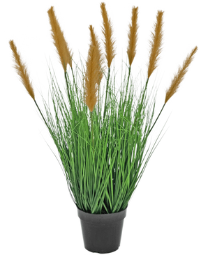 La planta de césped artificial Avestruz ignífuga de 80 cm tiene hojas verdes largas y delgadas y penachos marrones altos en una maceta negra, sobre un fondo blanco, ideal para los amantes de las plantas artificiales.