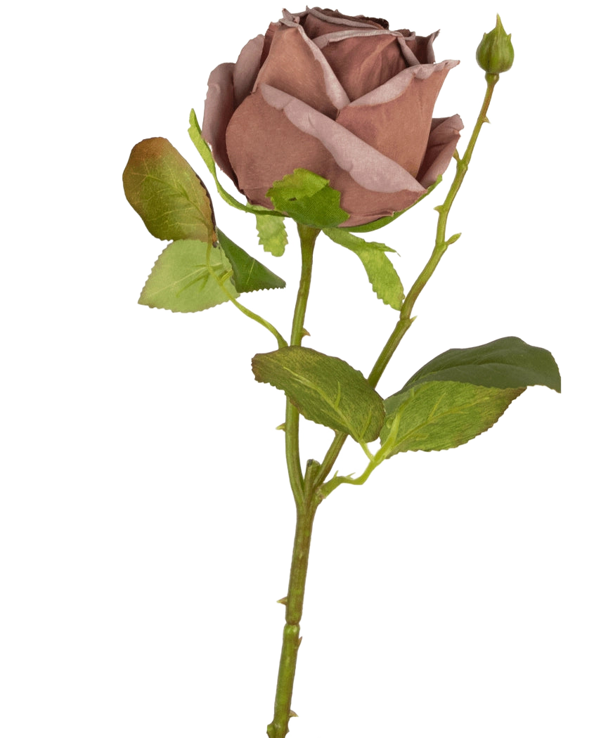 Una flor artificial de lujo: la rosa artificial Deluxe de 45 cm de color morado seco con hojas verdes y un pequeño capullo sin abrir sobre un tallo largo, representada sobre un fondo blanco.