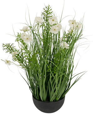 La maceta de césped artificial con forma de cebolla Gesang Flower blanca (56 cm, retardante de fuego) tiene hojas verdes altas parecidas a la hierba y delicadas flores blancas en una maceta negra para una apariencia exuberante y natural.