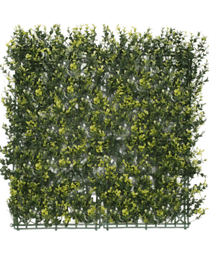 De Kunsthaag Buxus geel 50x50 cm UV is een vierkant paneel van dicht kunstgroen gebladerte met gele bladeren, ontworpen om te lijken op een haag of tuinmuur, tegen een effen witte achtergrond.