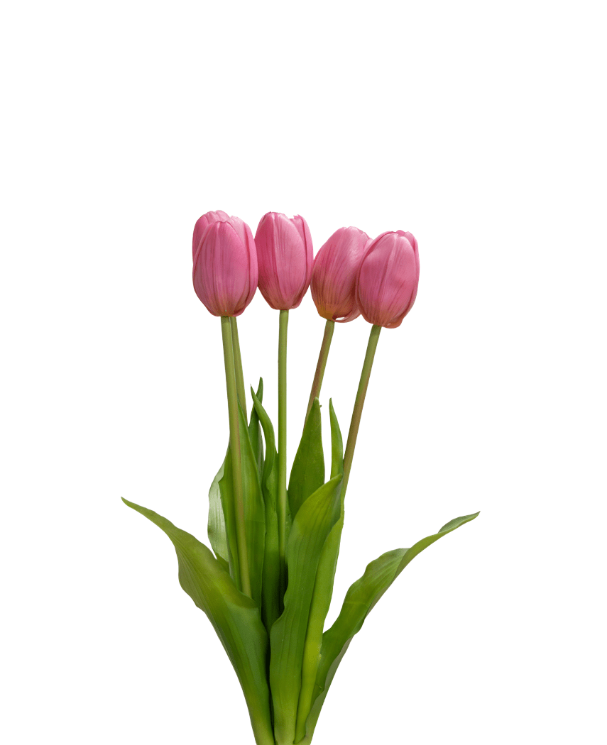 El ramo de tulipanes artificiales Real Touch Purple de 40 cm tiene cuatro tulipanes de color violeta con hojas y tallos verdes realistas, que se alzan erguidos sobre un fondo blanco liso.