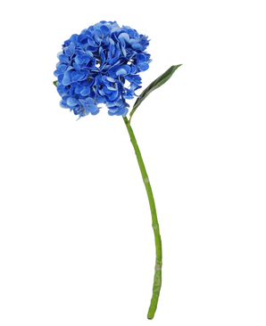 La Flor Artificial Charlotte Hydrangea Real Touch azul oscuro es una única hortensia artificial azul con tallo y hojas verdes, de 55 cm de altura, aislada sobre un fondo blanco.