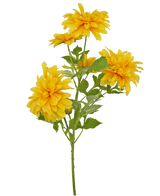 Una sola flor artificial Dalia de color naranja con tallo de 60 cm y hojas verdes sobre un fondo blanco.