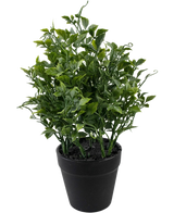 La planta artificial Uva de 25 cm es una planta artificial verde exuberante con hojas densas y puntiagudas en una maceta negra sobre un fondo blanco liso.