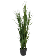 El Césped Artificial Verde UV 150 cm es una planta alta de césped artificial con hojas verdes largas y delgadas en una pequeña maceta negra, representada sobre un fondo blanco liso.