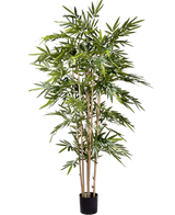 De Kunstplant Bamboe 180 cm is een hoge kunstbamboe met slanke groene bladeren en meerdere lichtbruine stengels, geplaatst in een kleine zwarte pot.